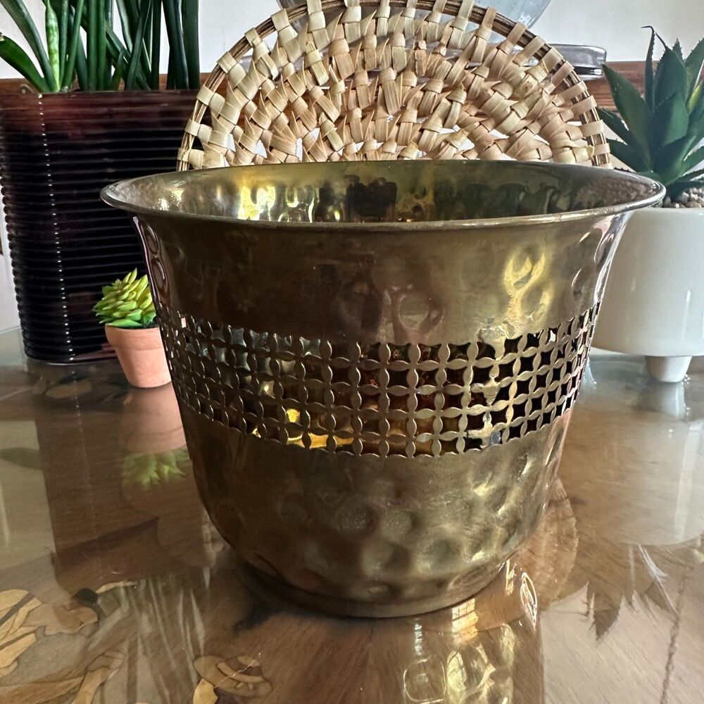 Vintage Hammered Brass Reticulated Planter Cachepot, MCM Decorative Storage - Picture 3 of 11